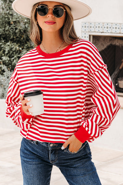 Black Stripe Exposed Seam Drop Shoulder Casual Pullover Top