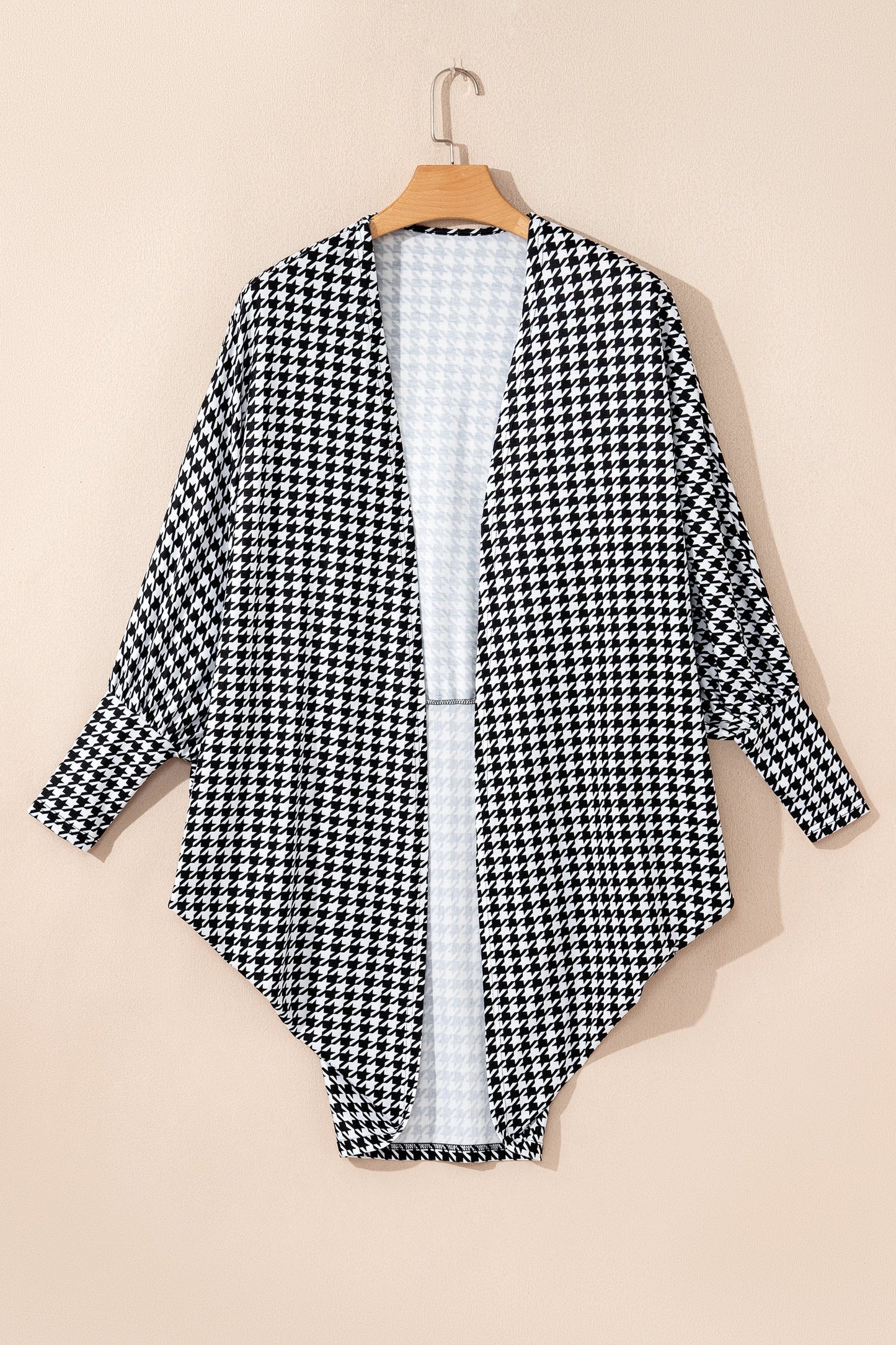 Black Houndstooth Print Open Front Long Dolman Kimonos