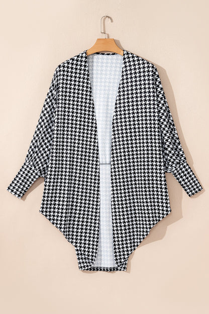 Black Houndstooth Print Open Front Long Dolman Kimonos
