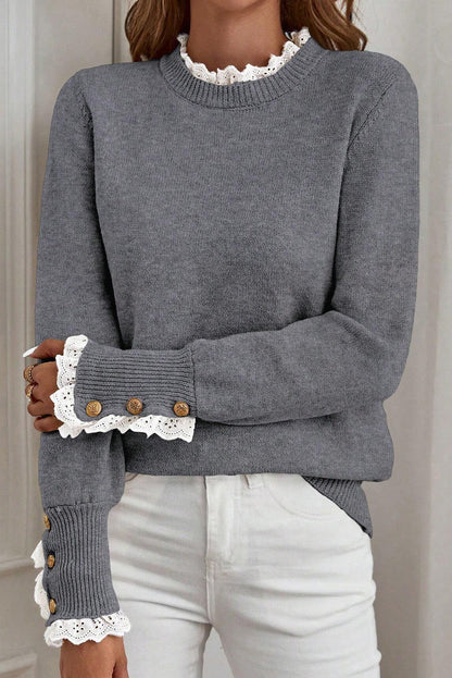 Sleet Lace Trim Patchwork Buttoned Cuffs Loose Sweater