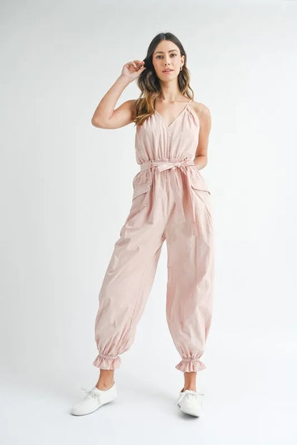 MABLE Washed Fabric Spaghetti Strap Waist Belted Jumpsuit