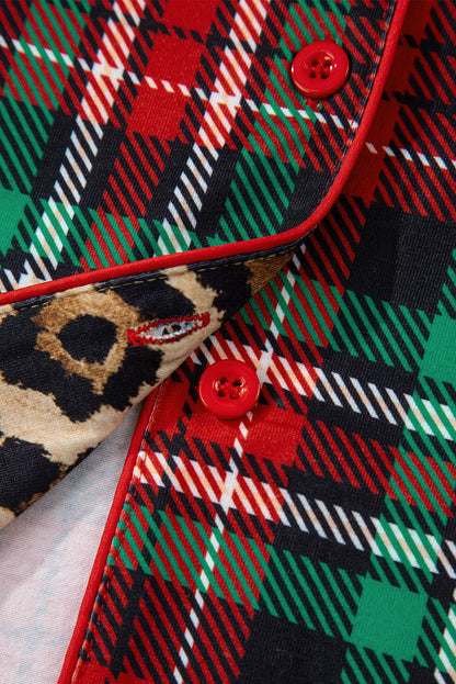 Racing Red Retro Plaid Leopard Print Patchwork Long Sleeve Shorts Pajama Set