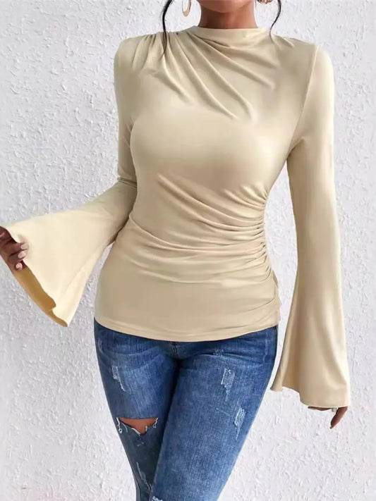Bell Sleeve Ruched Fitted T-Shirt with Mock Neck