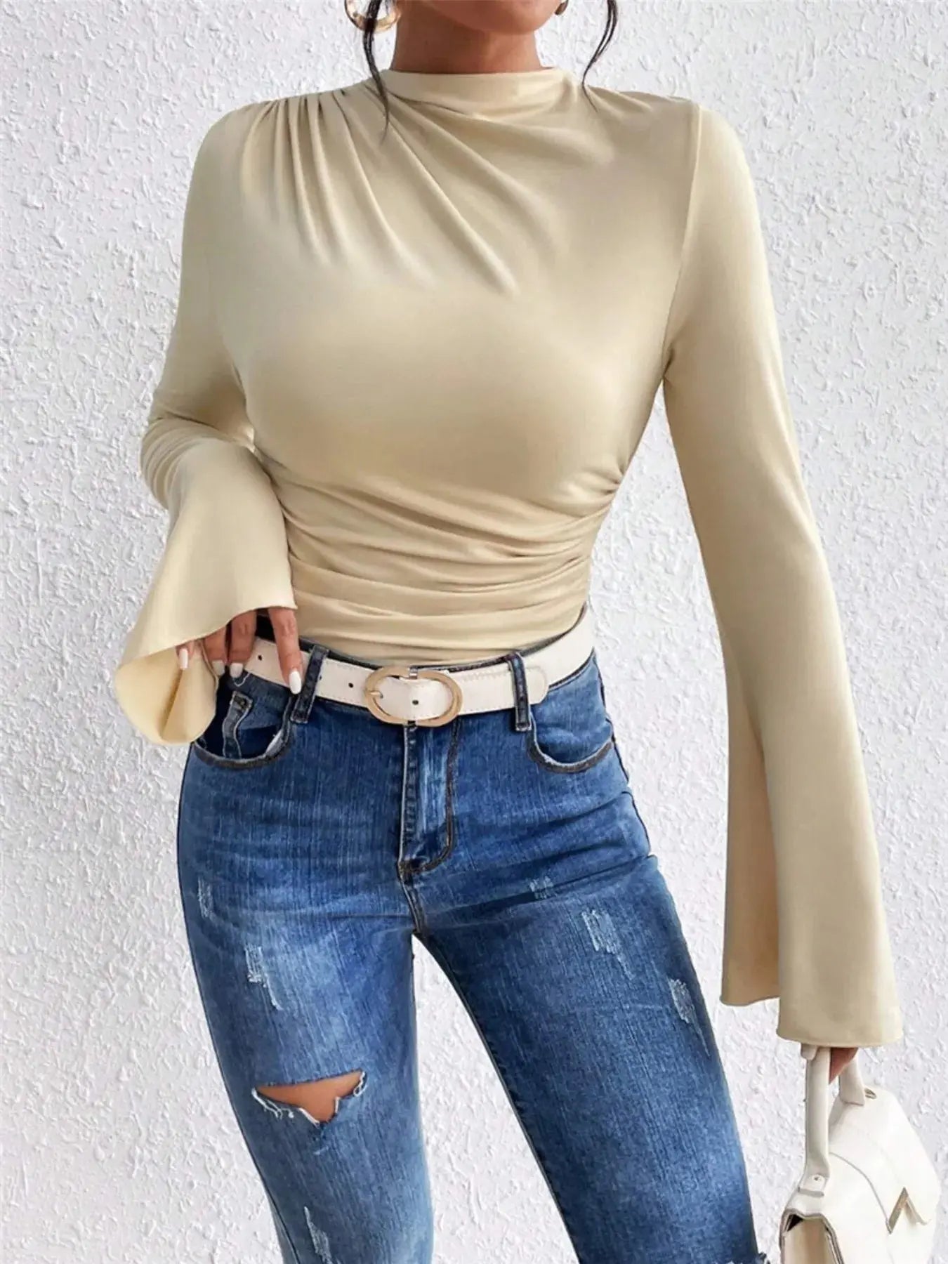 Bell Sleeve Ruched Fitted T-Shirt with Mock Neck