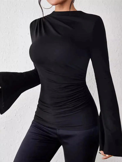 Bell Sleeve Ruched Fitted T-Shirt with Mock Neck