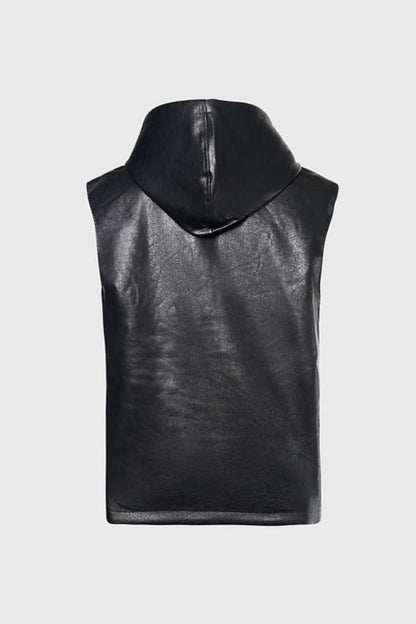 Waxed Faux Leather Sleeveless Hoodie