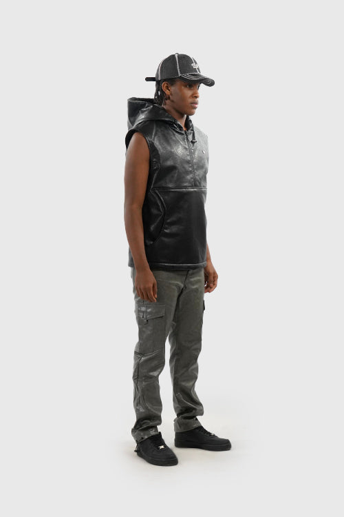 Waxed Faux Leather Sleeveless Hoodie