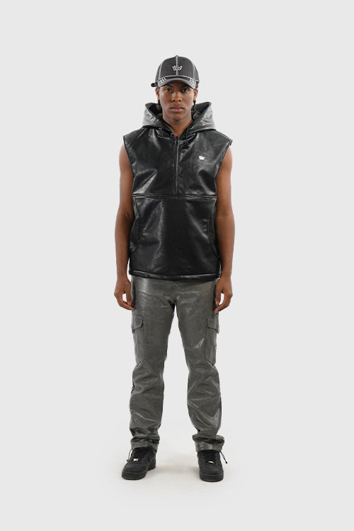 Waxed Faux Leather Sleeveless Hoodie