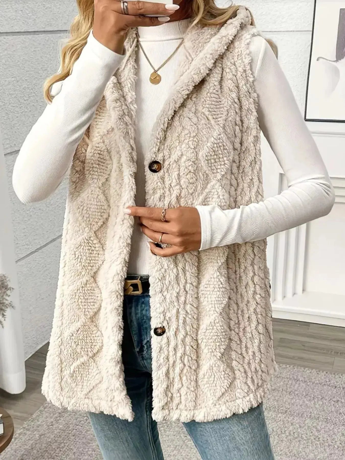 Button Up Plush Hooded Vest Coat