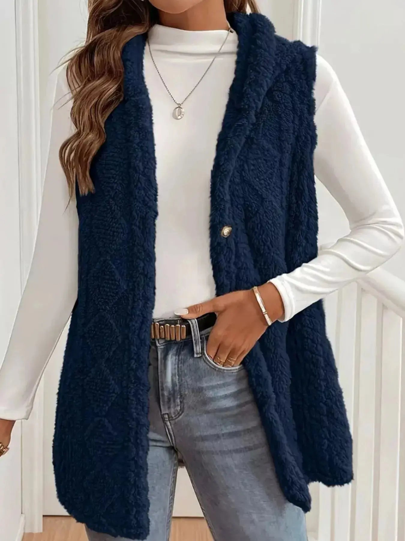 Button Up Plush Hooded Vest Coat