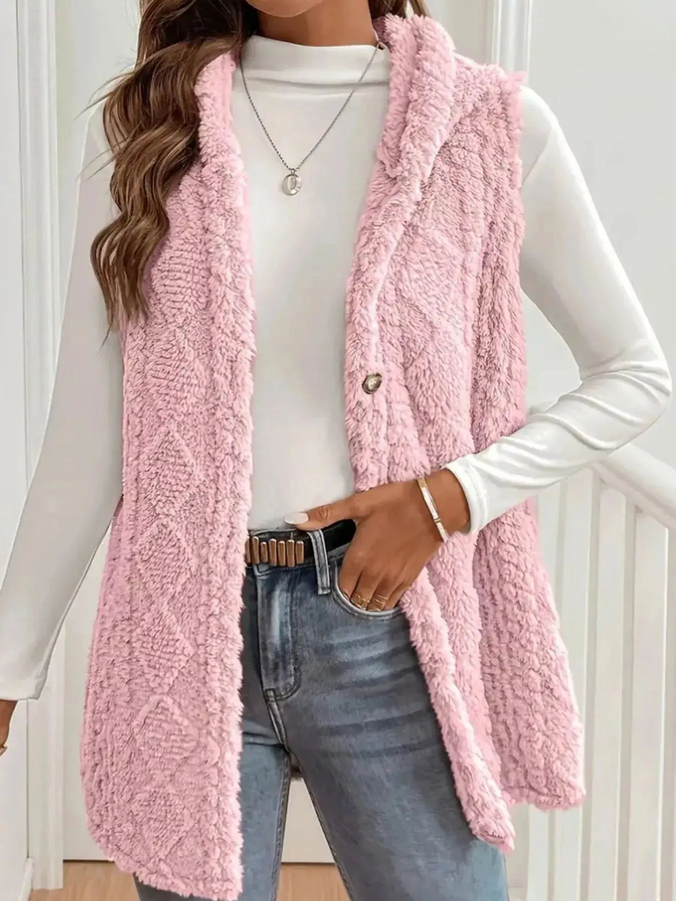 Button Up Plush Hooded Vest Coat