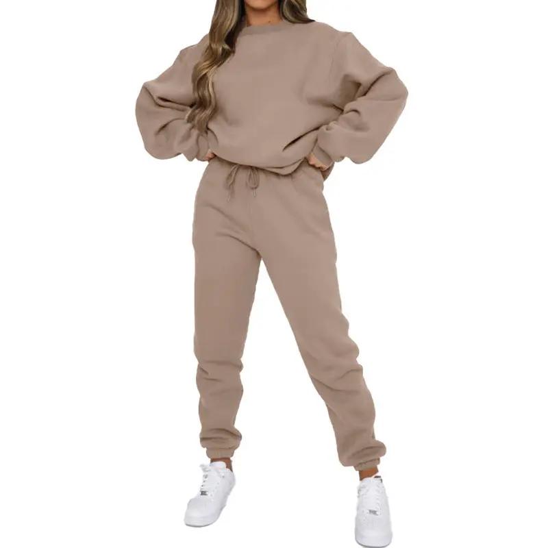 Crew Neck Pullover Sweatshirt Fleece-lined Fashion Casual Sweater Sweatpants Two-piece Set