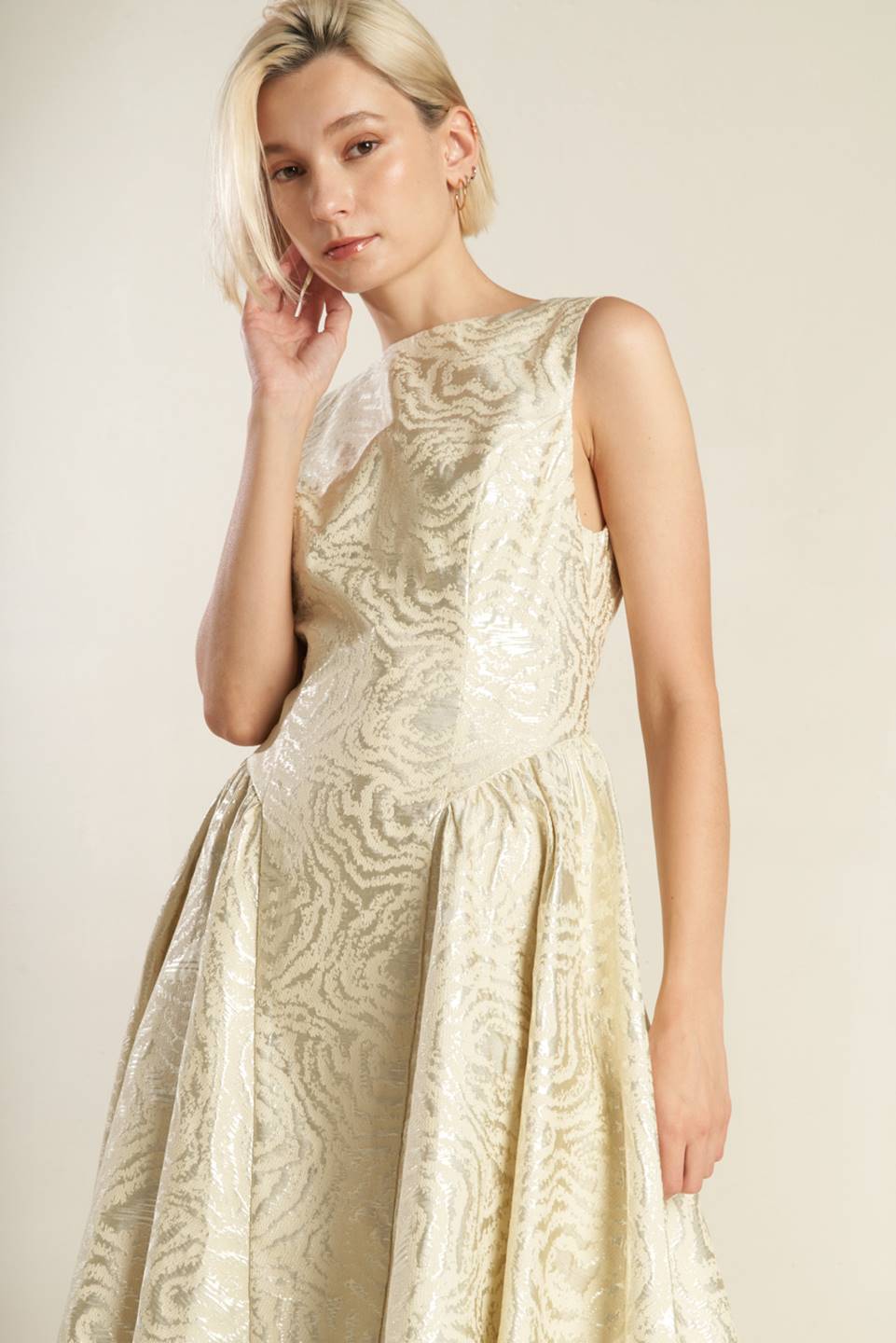 CHECK YOURSELF CHAMPAGNE WOVEN MIDI DRESS