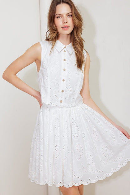 LEAF KISS WHITE WOVEN EYELET MINI DRESS