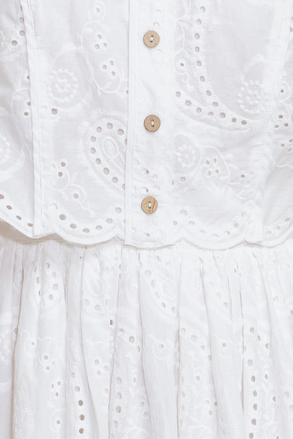 LEAF KISS WHITE WOVEN EYELET MINI DRESS