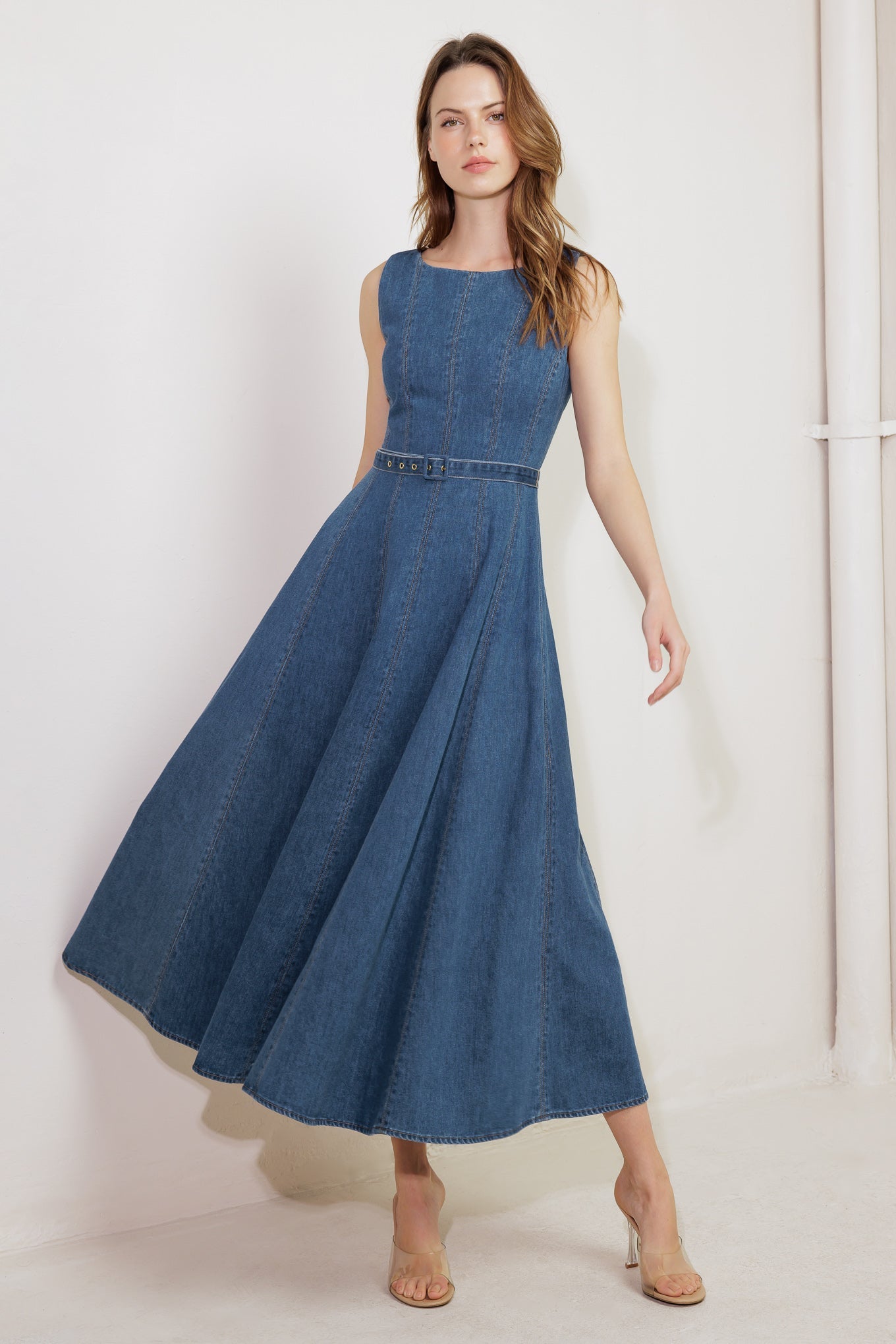 CREAM FIELD DENIM MIDI DRESS