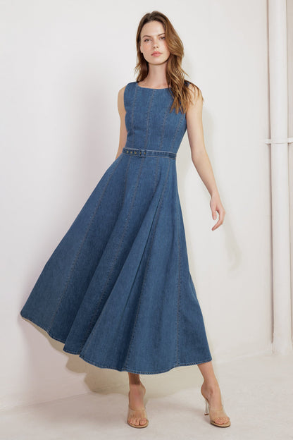 CREAM FIELD DENIM MIDI DRESS