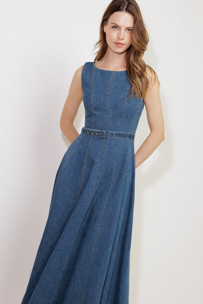 CREAM FIELD DENIM MIDI DRESS