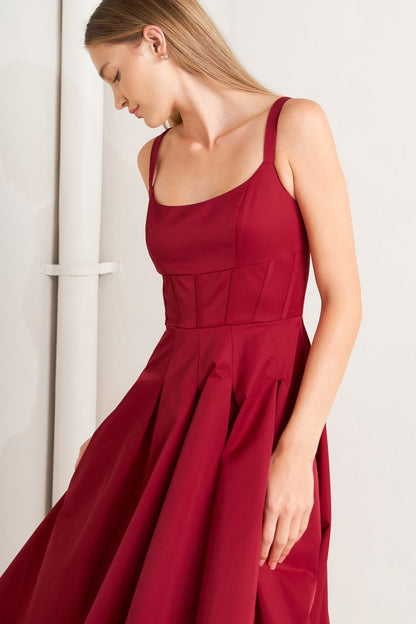 CRIMSON TWIRL WOVEN MIDI DRESS
