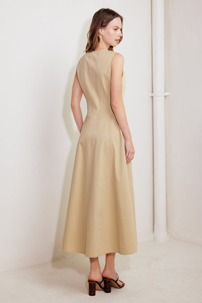 NATURE’S GENTLE SONG BEIGE WOVEN MIDI DRESS