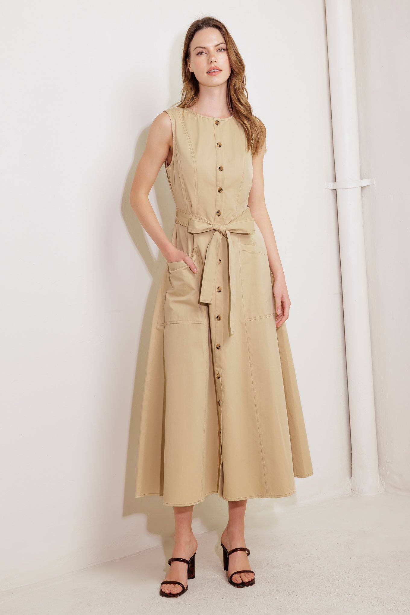 NATURE’S GENTLE SONG BEIGE WOVEN MIDI DRESS