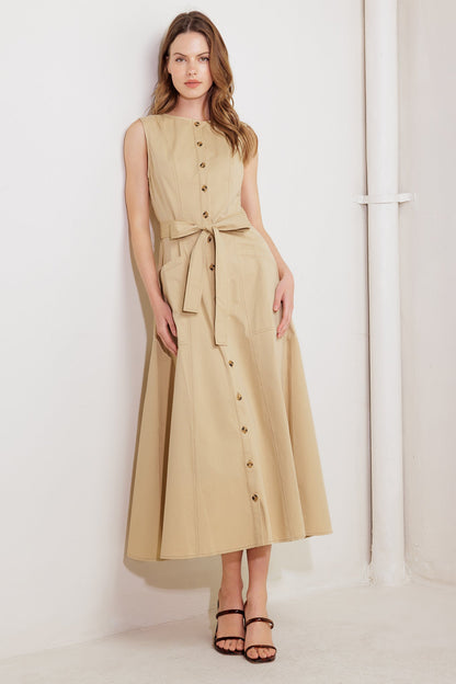 NATURE’S GENTLE SONG BEIGE WOVEN MIDI DRESS