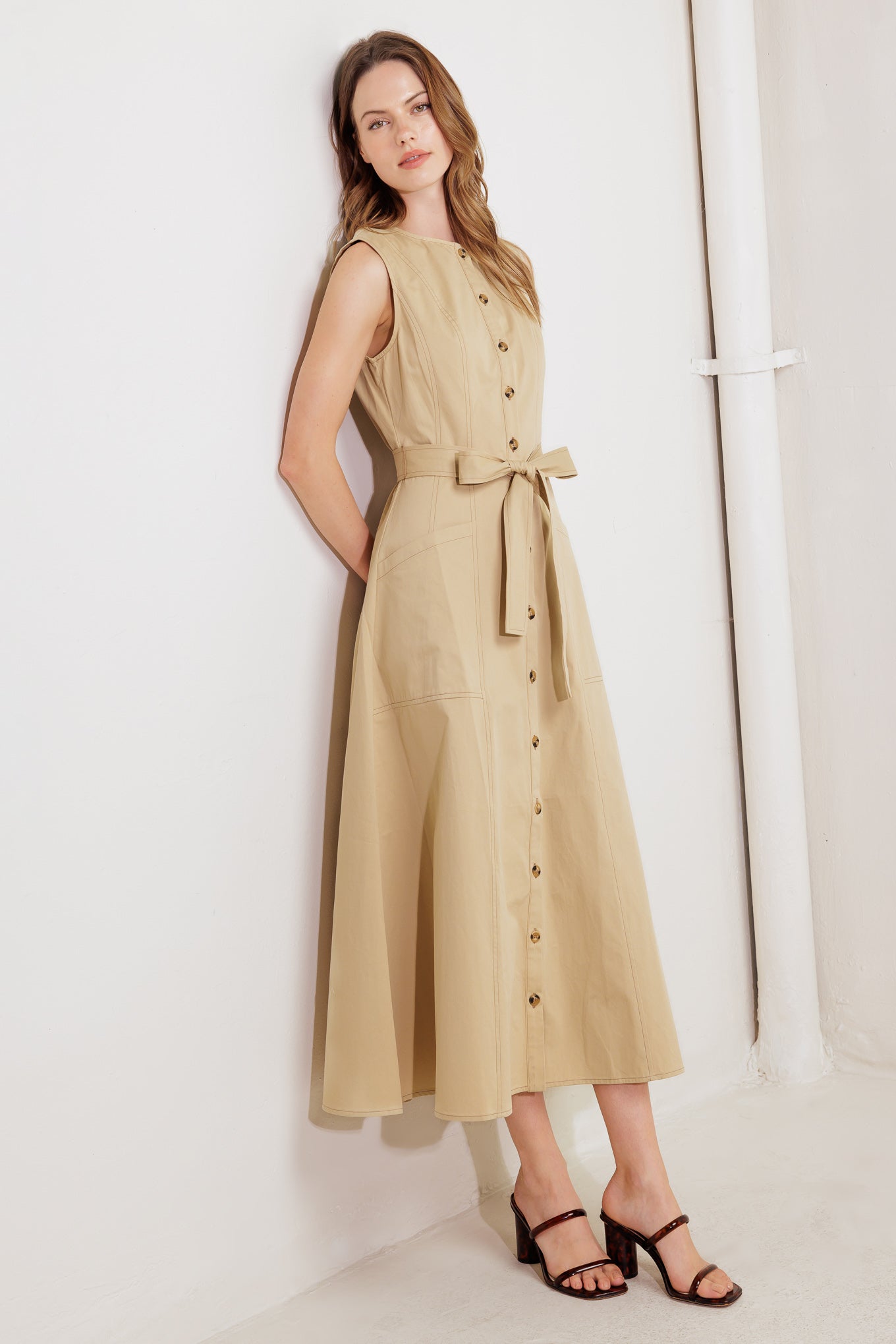 NATURE’S GENTLE SONG BEIGE WOVEN MIDI DRESS
