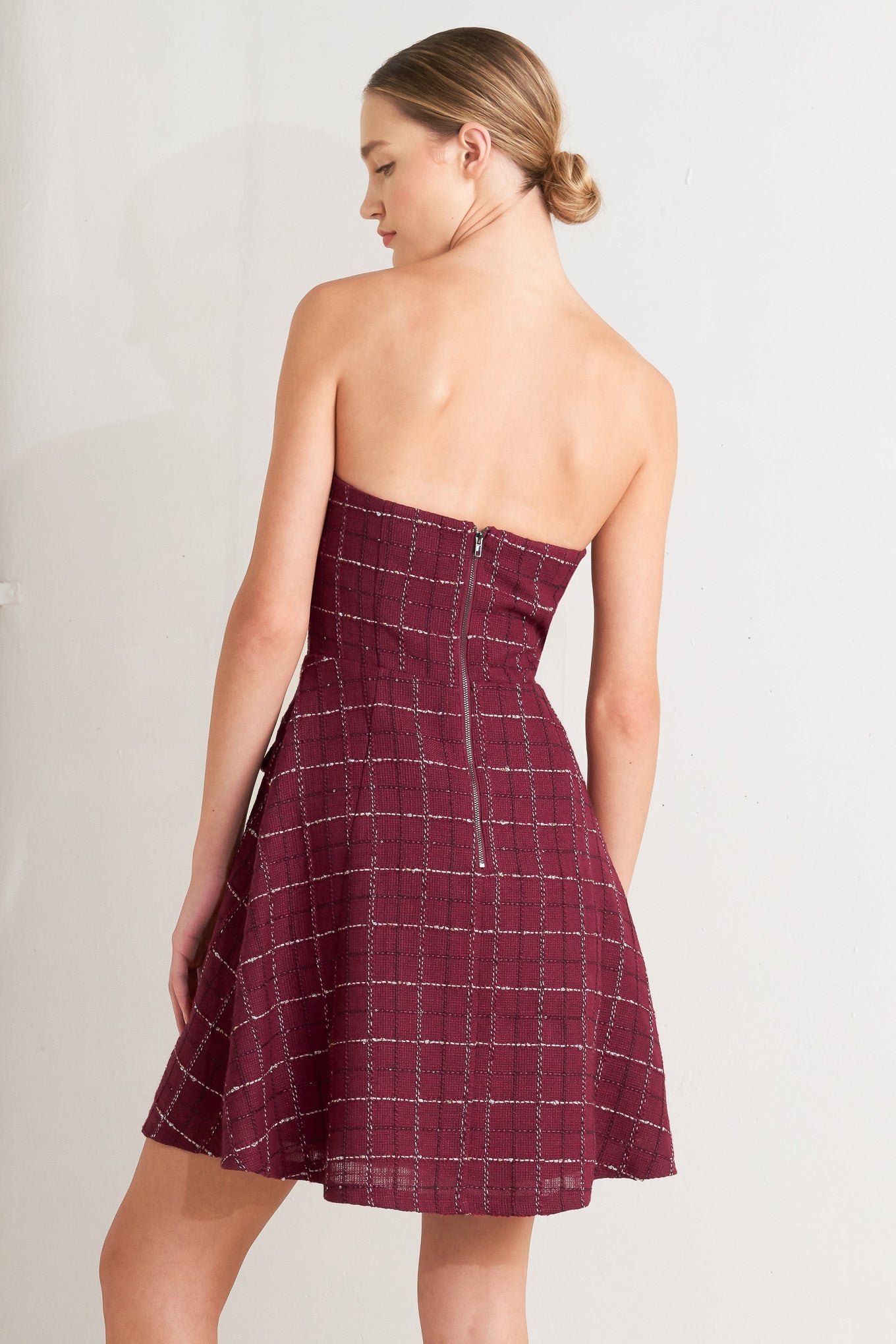 TWEED DOLL WINE WOVEN MINI DRESS