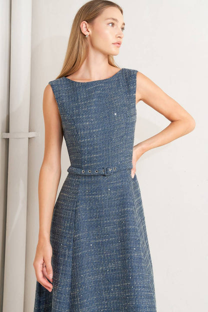 VINTAGE VIBE BOUCLÉ WOVEN TWEED MIDI DRESS