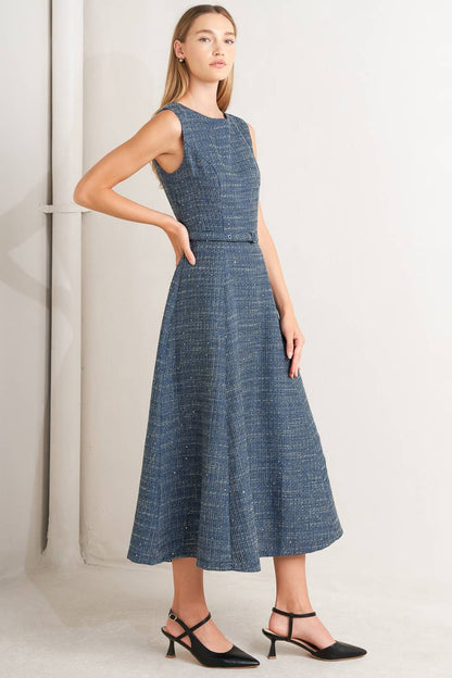VINTAGE VIBE BOUCLÉ WOVEN TWEED MIDI DRESS