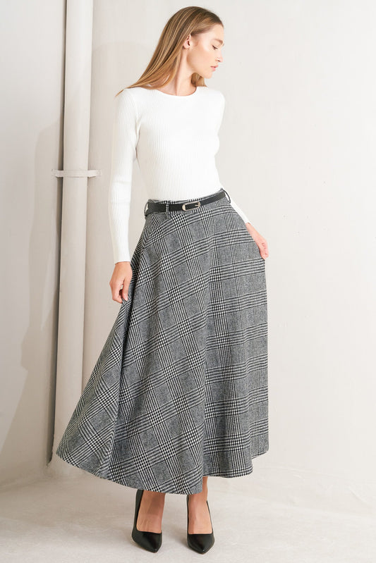 CITY CHECKLINE WOOLEN WOVEN MIDI SKIRT