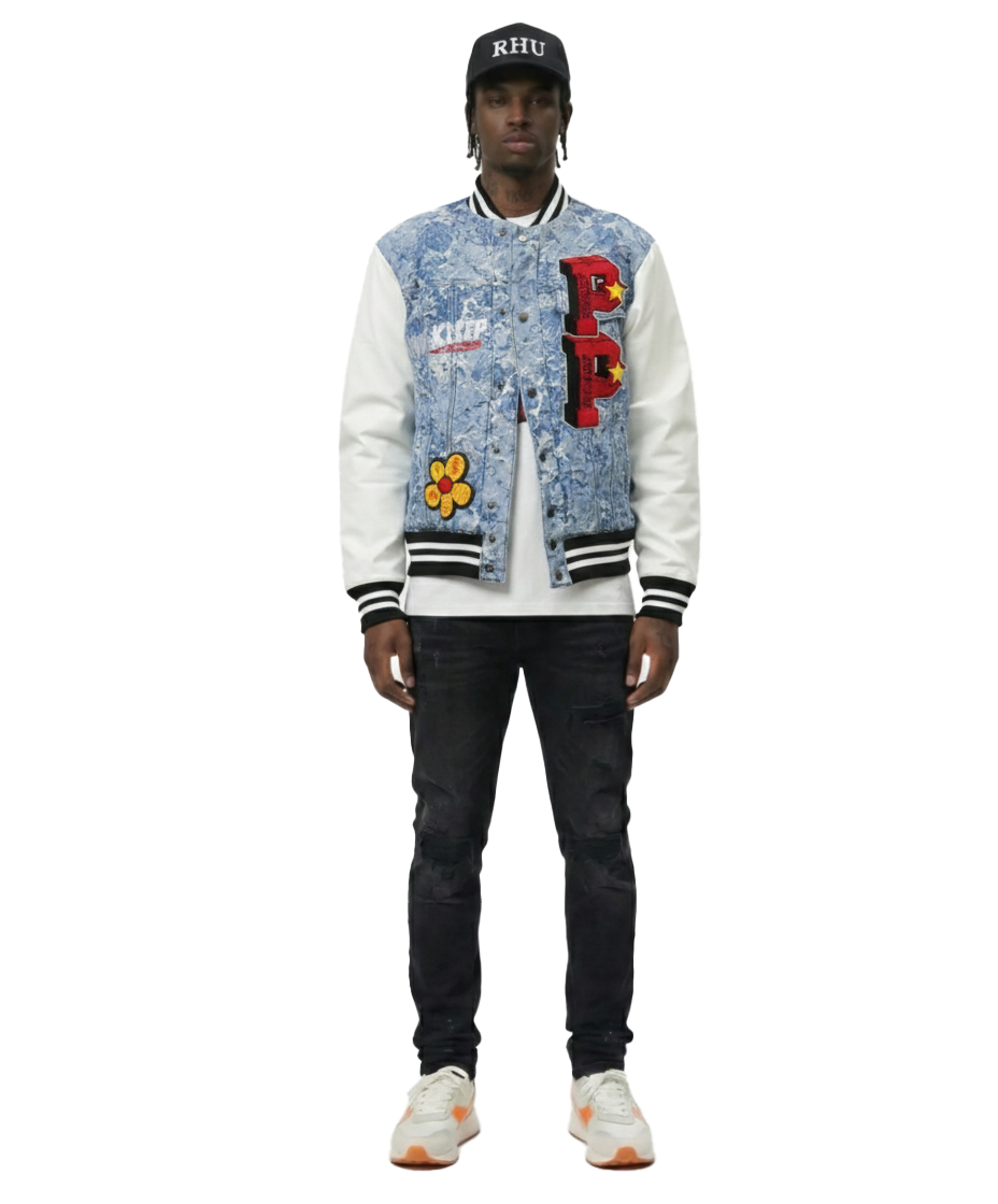 FLEX Men's Jacquard Body with faux Leather Sleeve Varsity Jacket