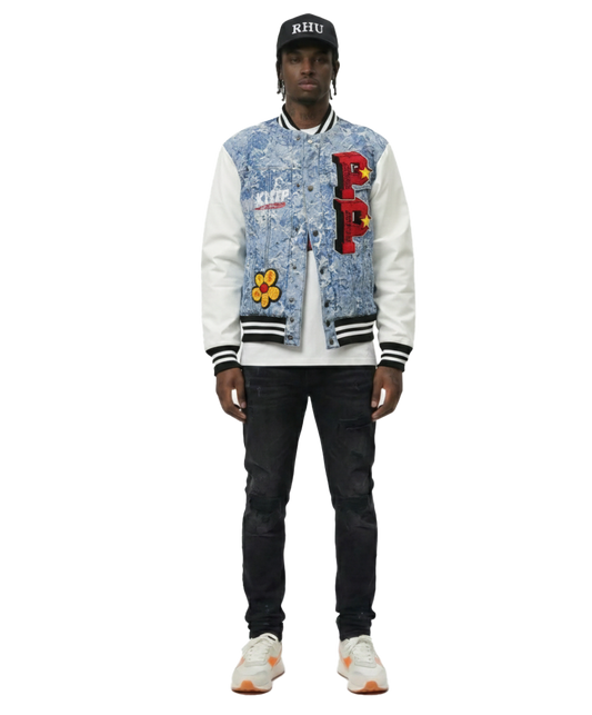 FLEX Men's Jacquard Body with faux Leather Sleeve Varsity Jacket