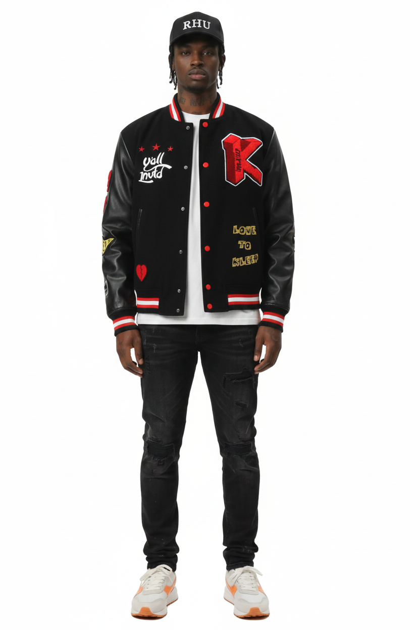 HALSTON Men's Melton Body with Faux Leather Sleeve Varsity Jacket