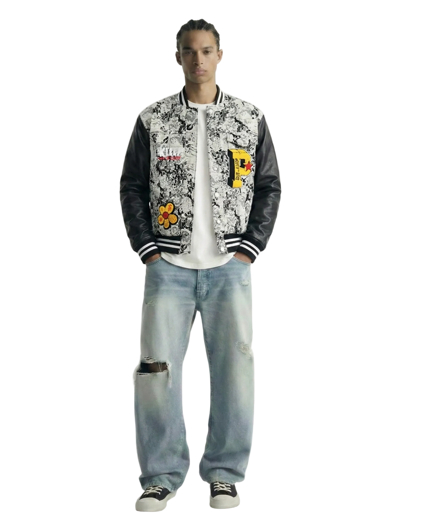 VISTA Men's Jacquard Body with faux Leather Sleeve Varsity Jacket