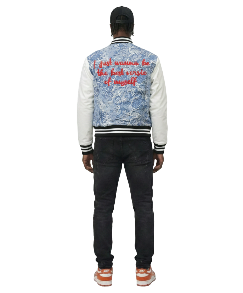 FLEX Men's Jacquard Body with faux Leather Sleeve Varsity Jacket