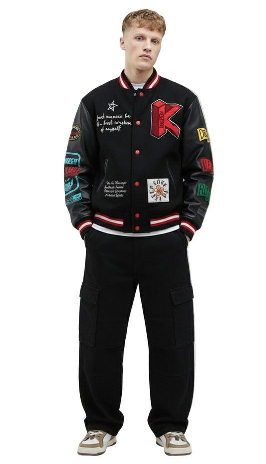 IRENE Men's Melton Body with Faux Leather Sleeve Varsity Jacket