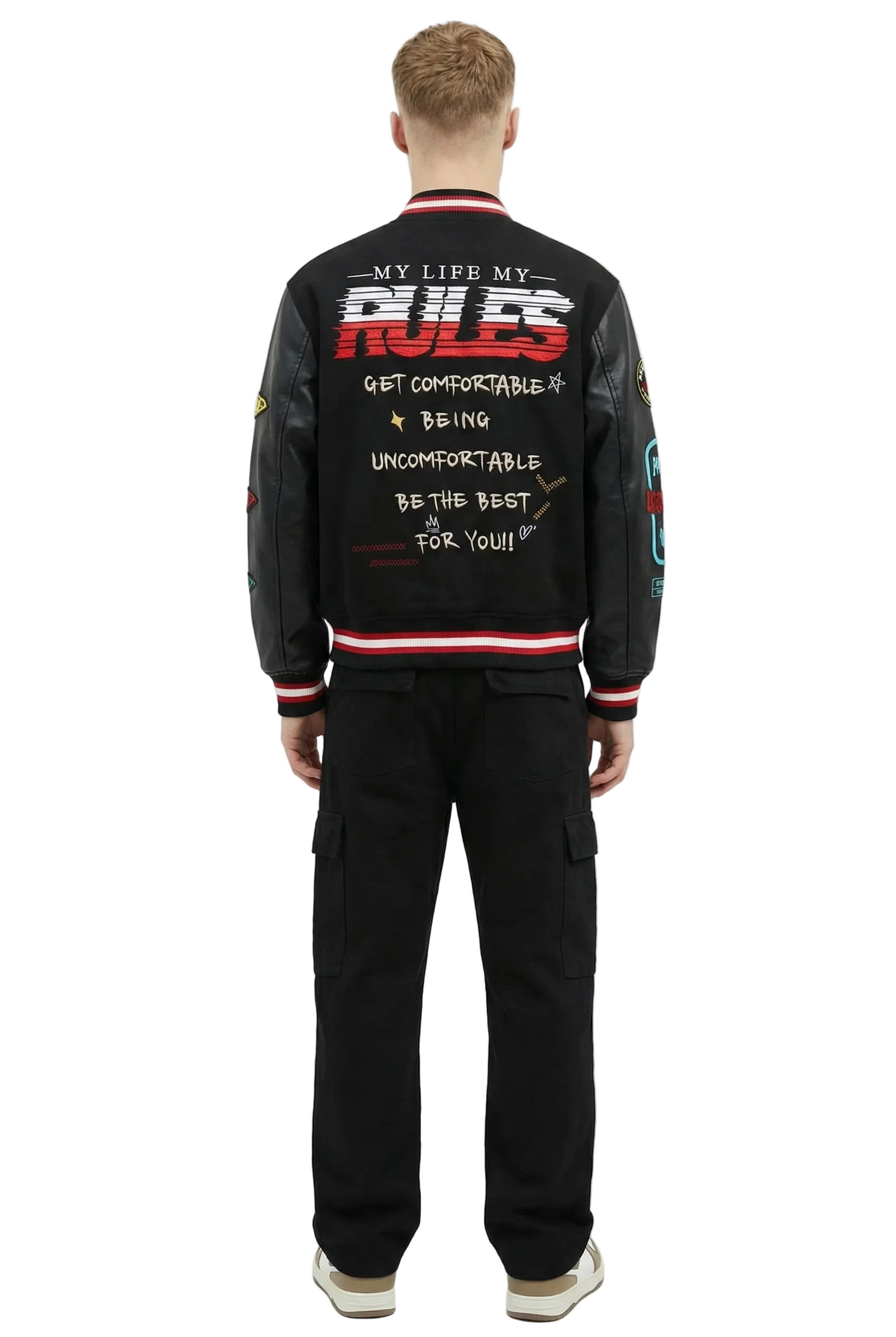 IRENE Men's Melton Body with Faux Leather Sleeve Varsity Jacket