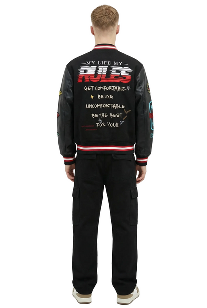 IRENE Men's Melton Body with Faux Leather Sleeve Varsity Jacket