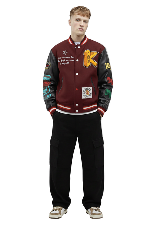 MAROON Men's Melton Body with Faux Leather Sleeve Varsity Jacket