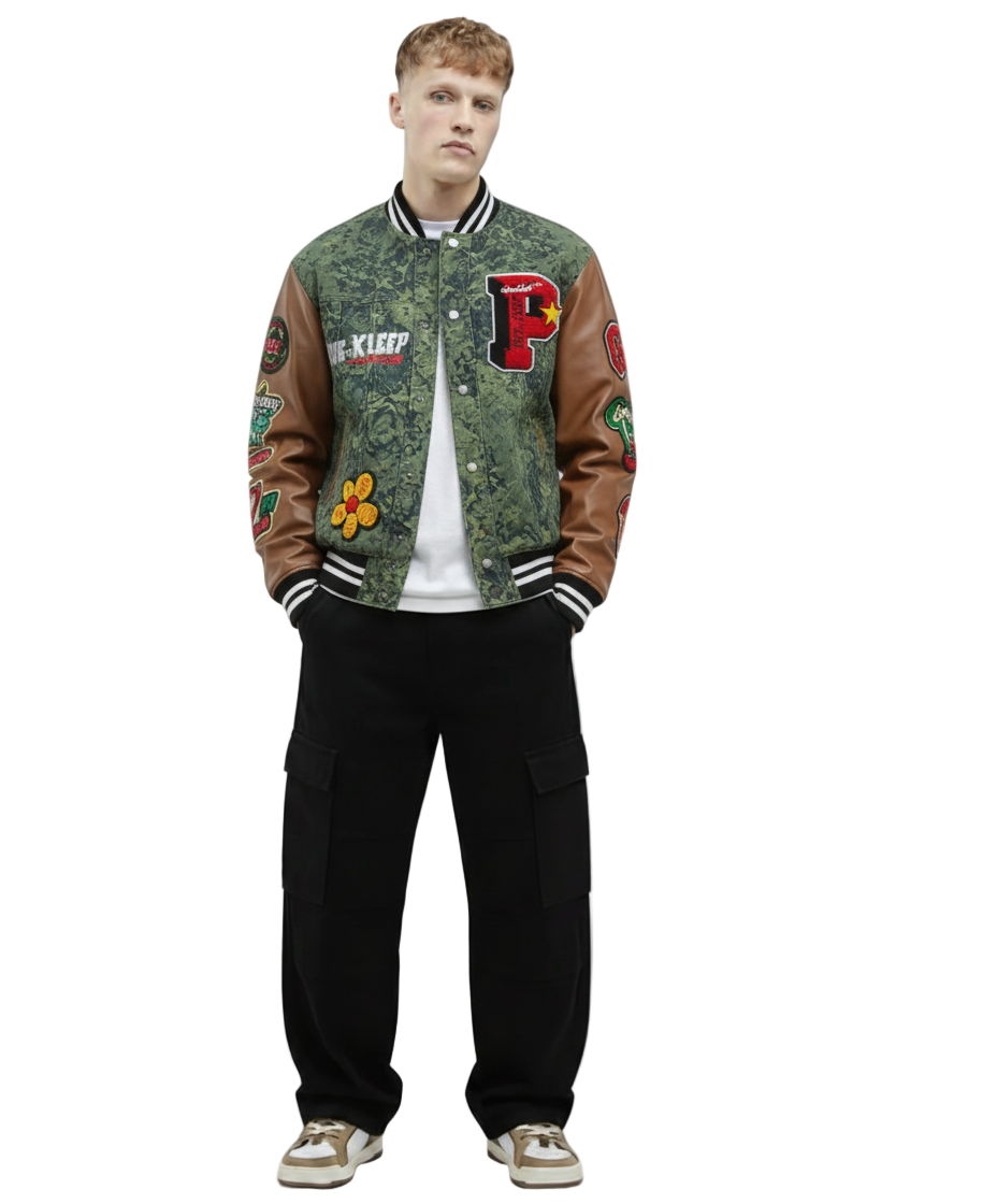 ROBIN Men's Jacquard Body with faux Leather Sleeve Varsity Jacket