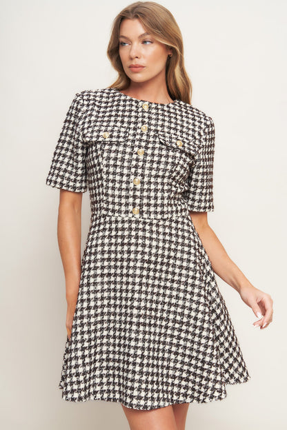 ELEGANT CHECK TWEED MINI DRESS