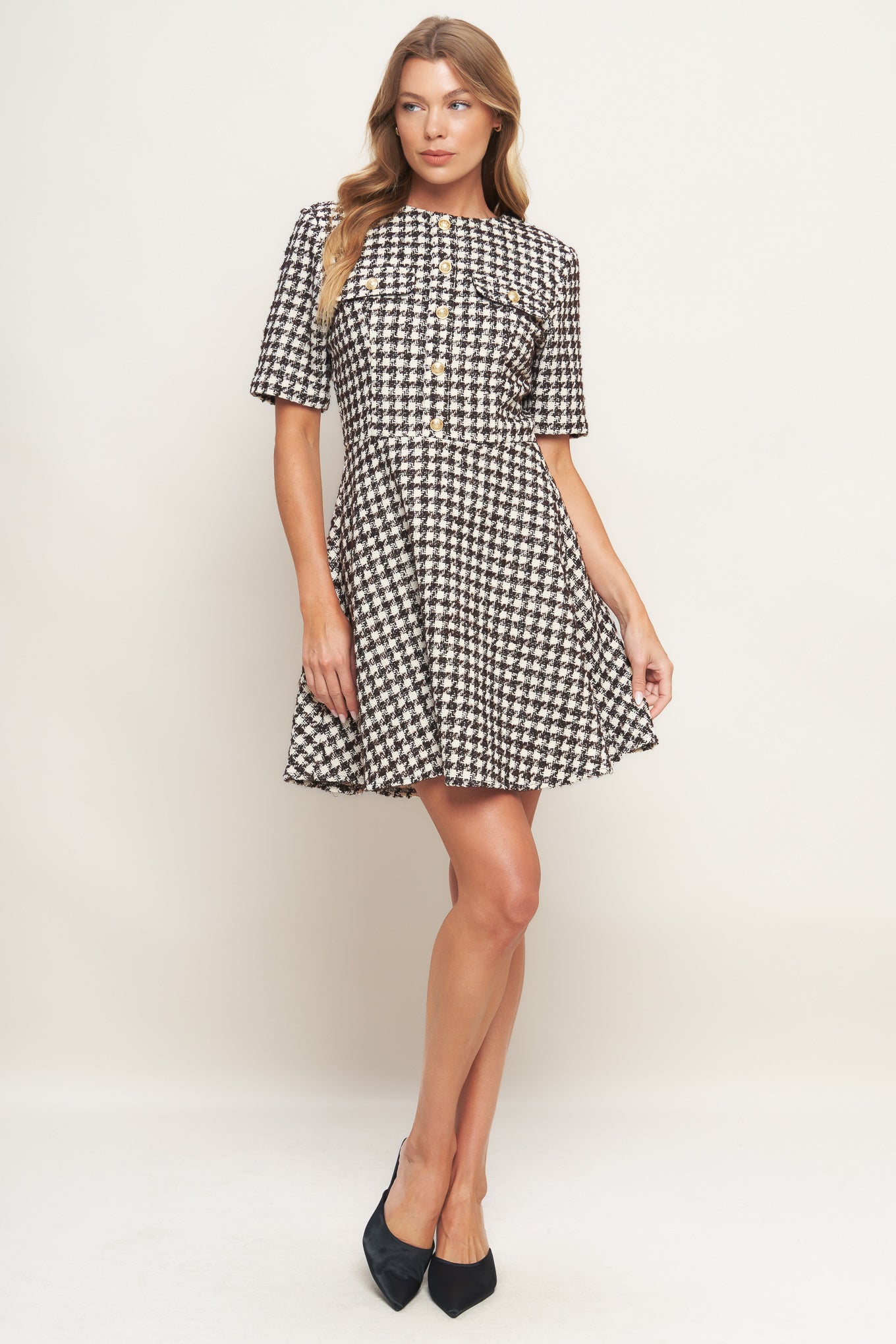 ELEGANT CHECK TWEED MINI DRESS
