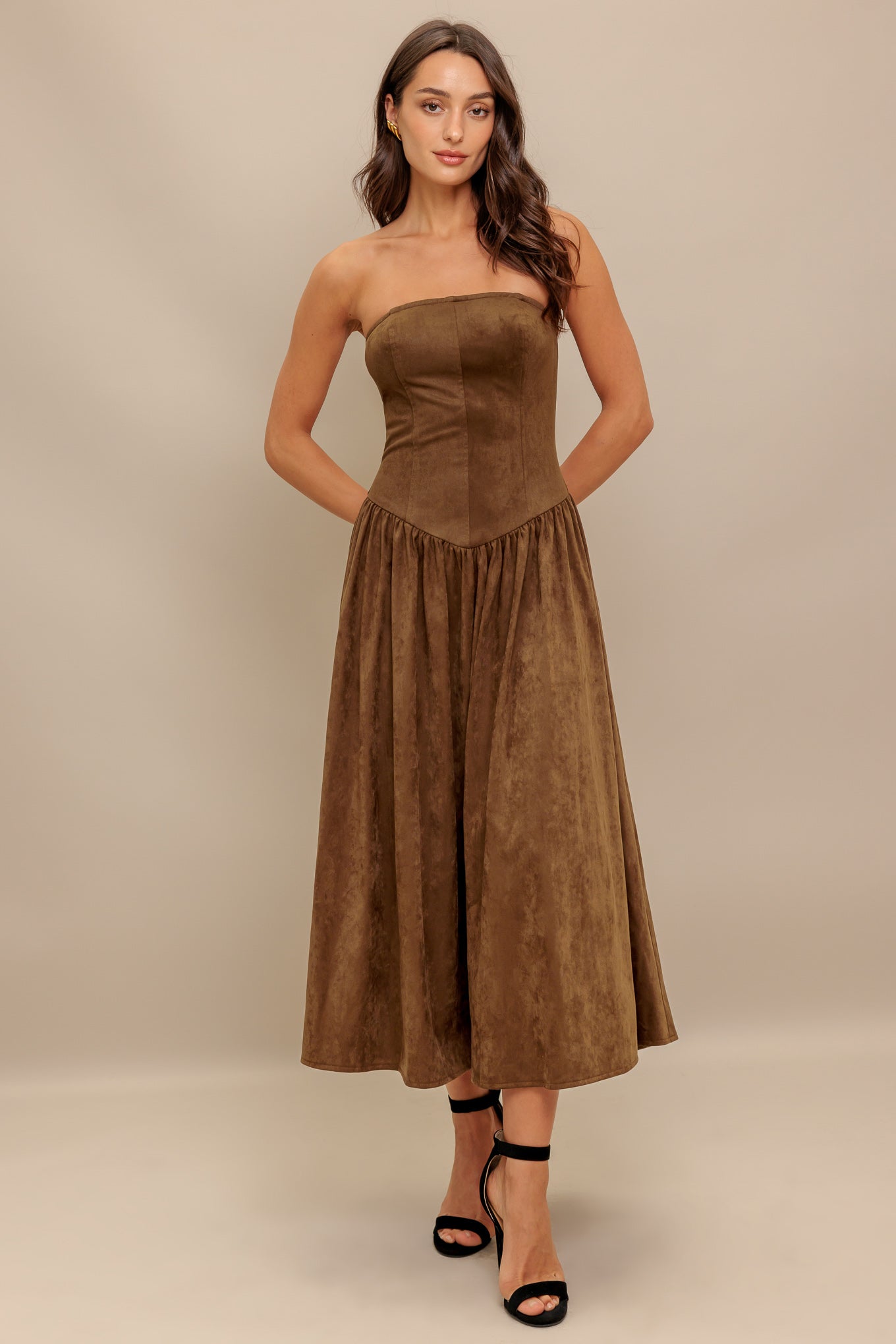 WILD ESPRESSO FAUX SUEDE MIDI DRESS
