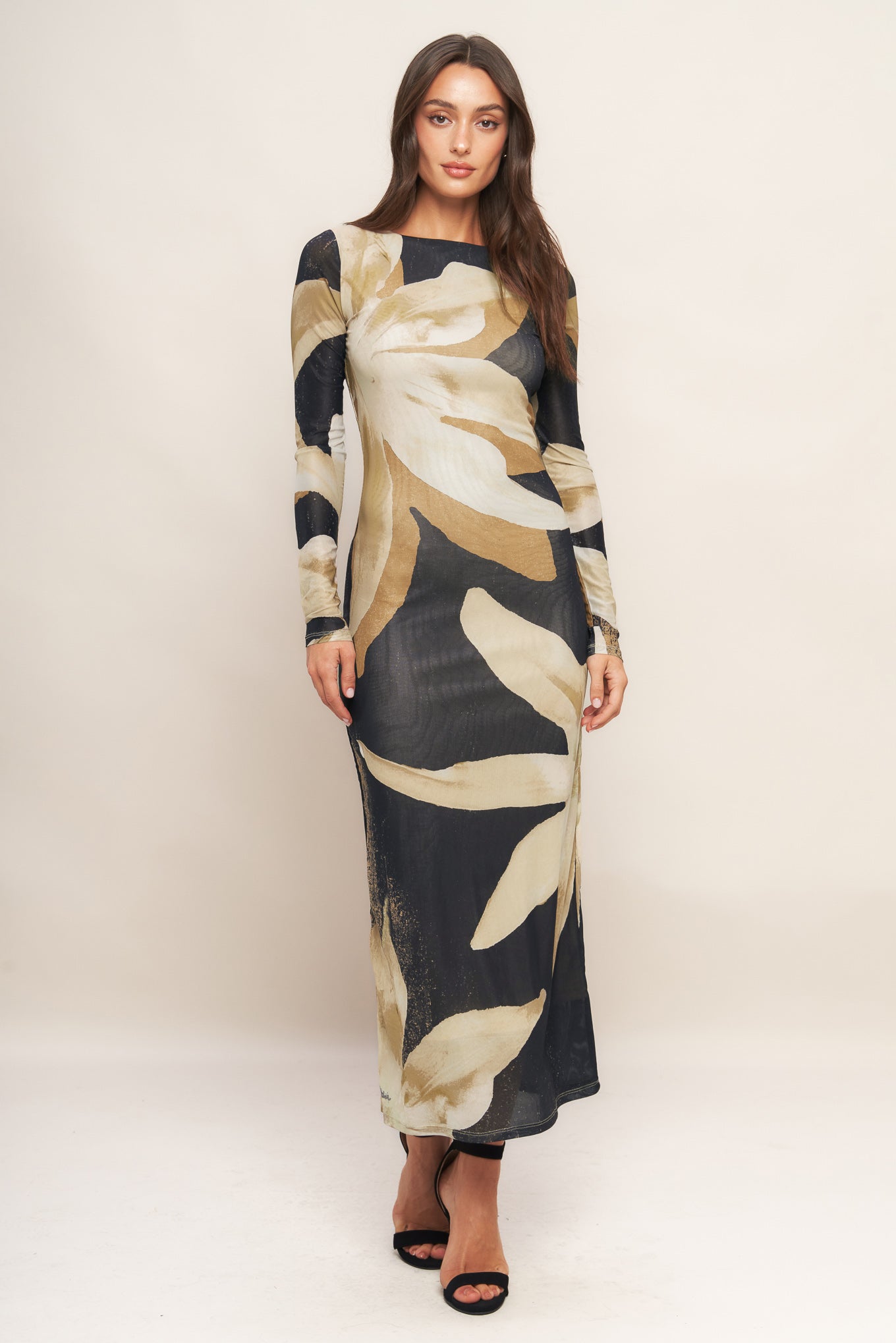 ABSTRACT BOTANICA POWER MESH MIDI DRESS