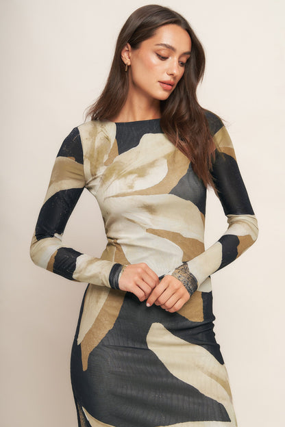ABSTRACT BOTANICA POWER MESH MIDI DRESS