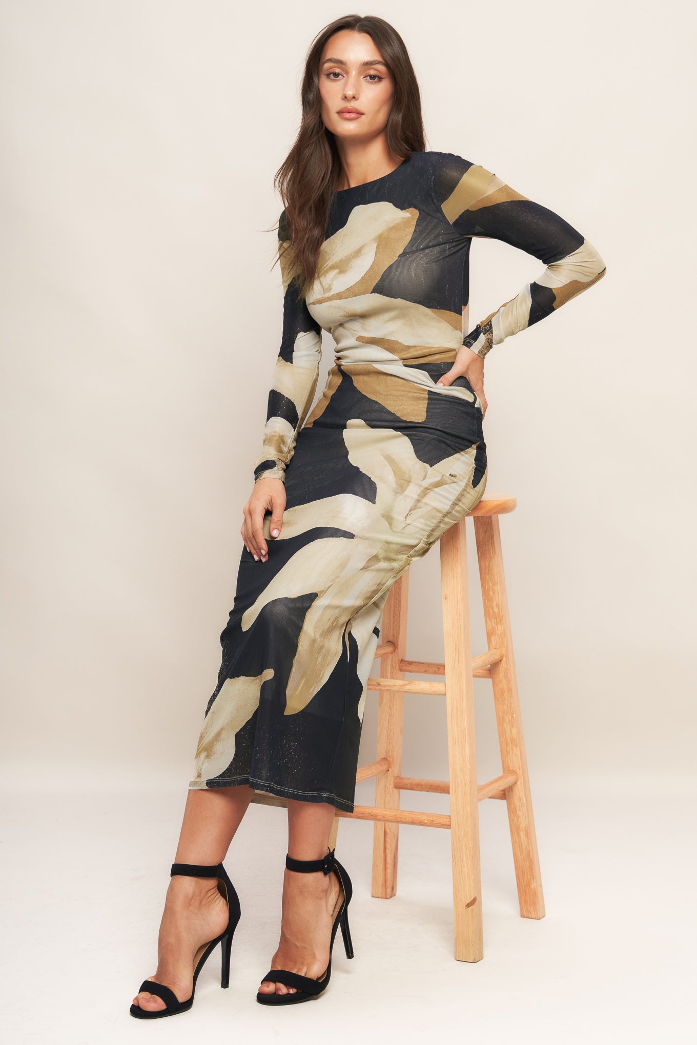 ABSTRACT BOTANICA POWER MESH MIDI DRESS