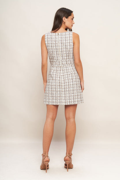 GOLDEN GRID LUXE TWEED MINI DRESS