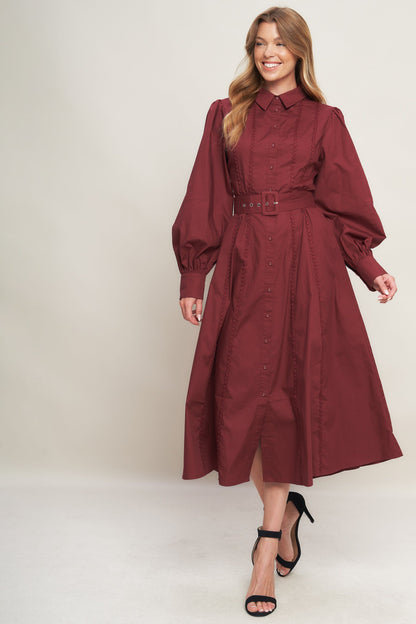 MODERN FEMME BURGUNDY WOVEN MIDI DRESS