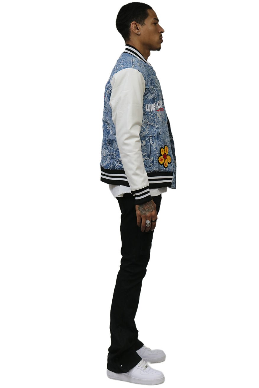 FLEX Men's Jacquard Body with faux Leather Sleeve Varsity Jacket